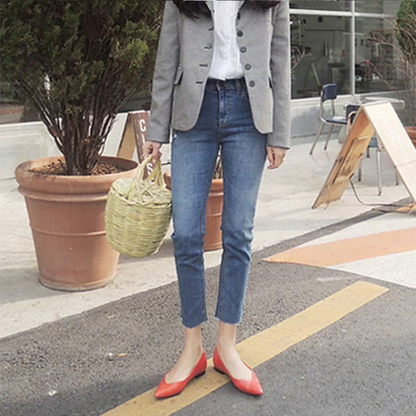 Sieviešu džinsi ar augstu vidukli-Slim modelis
