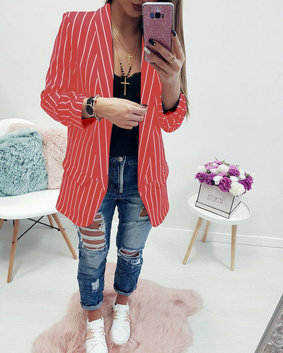 Jachetă lungă în dungi de damă modernă, cu decolteu spitz