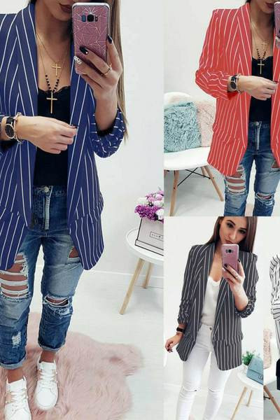 Jachetă lungă în dungi de damă modernă, cu decolteu spitz