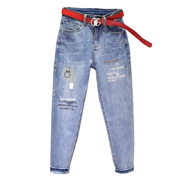 Jauns sieviešu džinsu modelis ar augstu vidukli un akmeņiem zilā krāsā