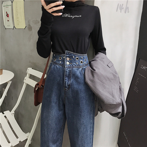 Blugi moderni de dama cu inele metalice si talie inalta