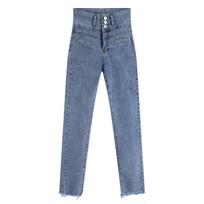 Sieviešu džinsu modelis ar augstu vidukli zilā krāsā