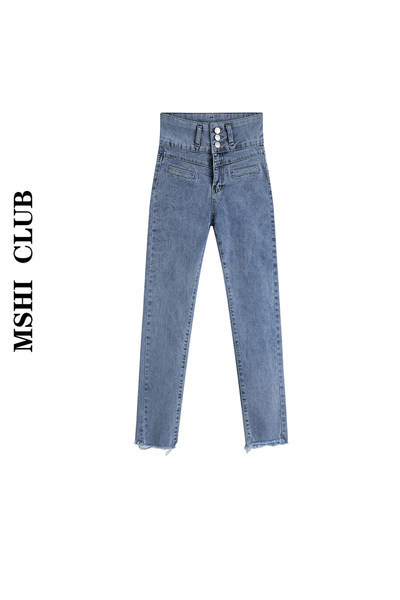 Sieviešu džinsu modelis ar augstu vidukli zilā krāsā