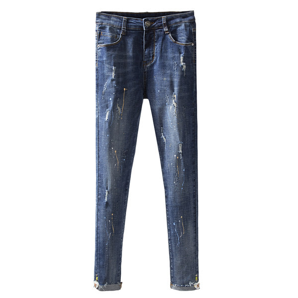 Mūsdienīgi sieviešu džinsi ar kabatām un saplēstiem motīviem