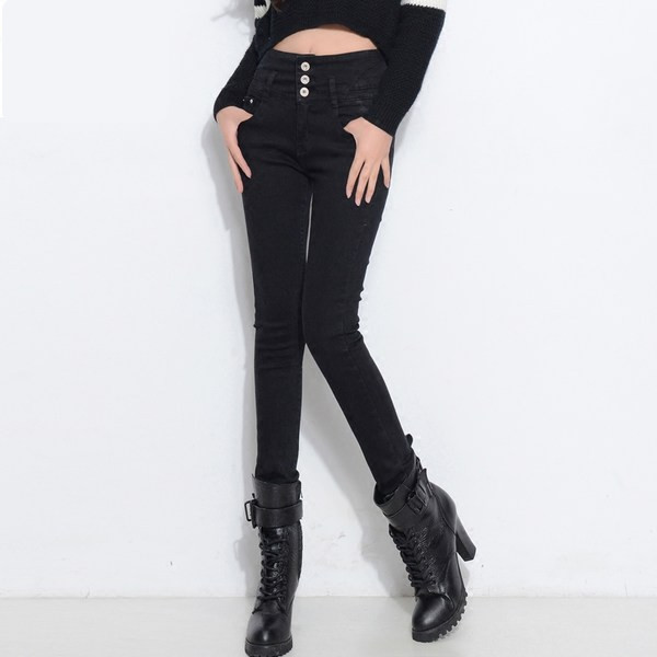 Blugi de damă cu talie înaltă, cu buzunare și nasturi