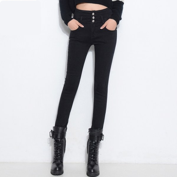 Blugi de damă cu talie înaltă, cu buzunare și nasturi