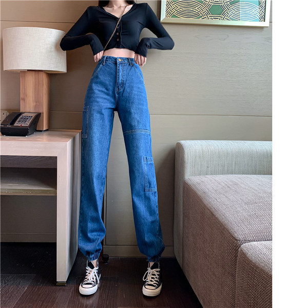 Blugi de dama cu buzunare si elastice la glezna in albastru