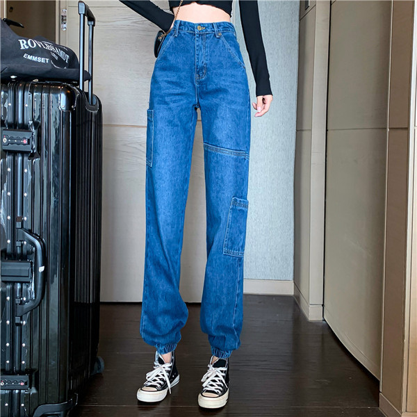 Blugi de dama cu buzunare si elastice la glezna in albastru