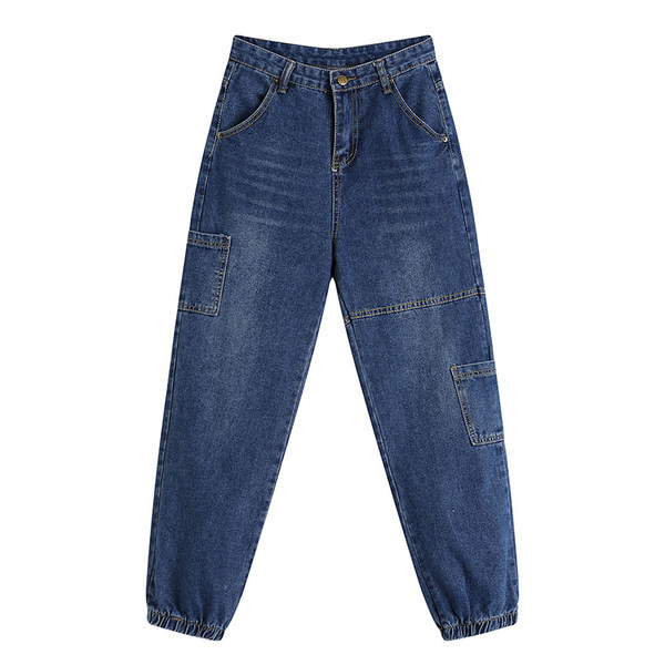 Blugi de dama cu buzunare si elastice la glezna in albastru