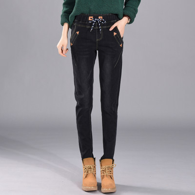 Blugi de dama cu talie inalta si sireturi