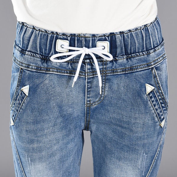 Blugi de dama cu talie inalta si sireturi