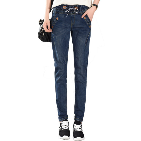 Blugi de dama cu talie inalta si sireturi