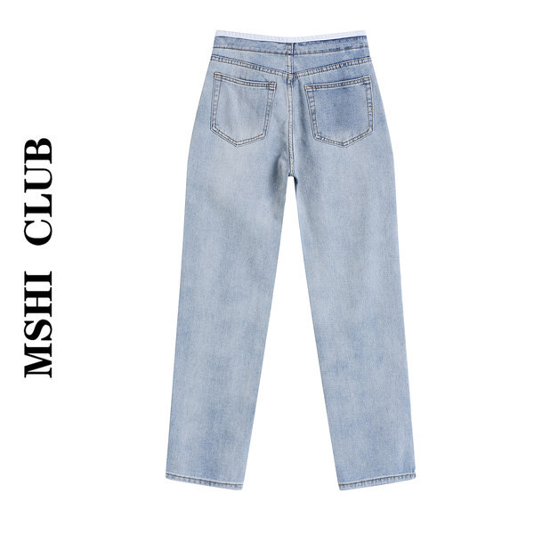 Vienkāršs sieviešu džinsu modelis ar kabatu zilā krāsā