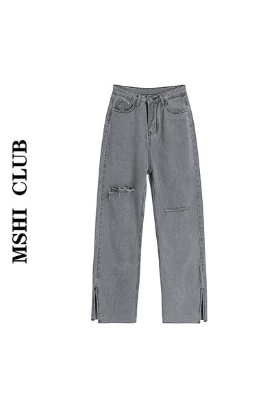 Sieviešu moderni džinsi ar šķēlumiem un saplēstu rakstu