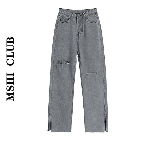 Sieviešu moderni džinsi ar šķēlumiem un saplēstu rakstu