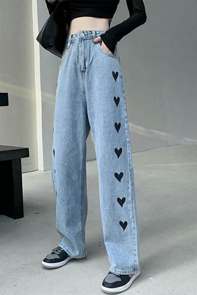 Blugi largi de dama cu broderie si talie inalta