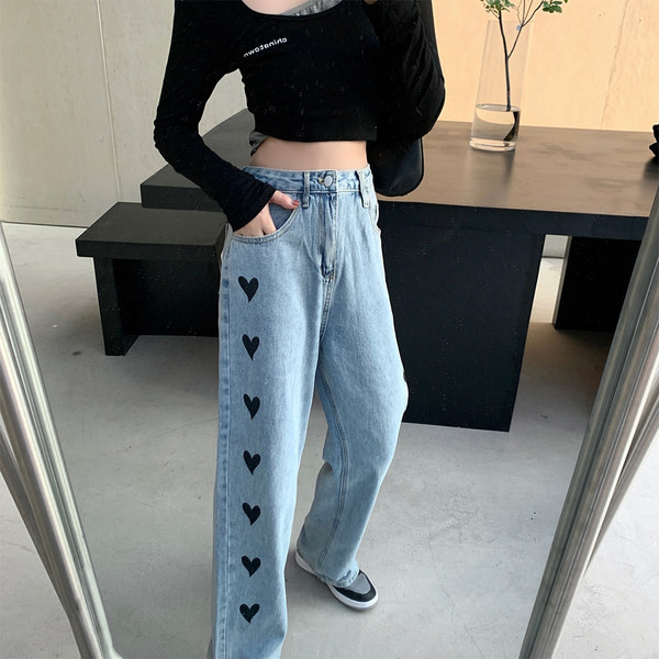 Blugi largi de dama cu broderie si talie inalta