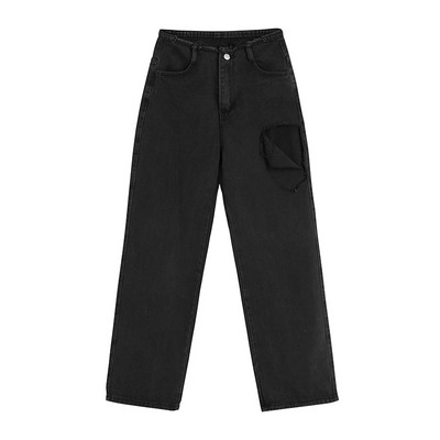 Blugi de damă cu motiv rupt și talie înaltă în negru