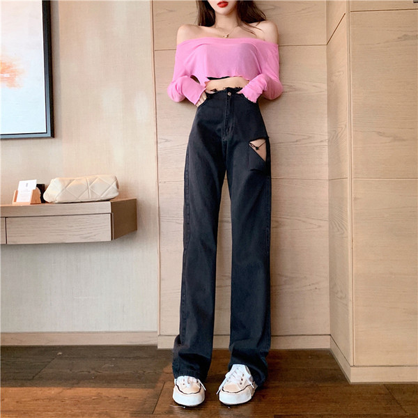 Blugi de damă cu motiv rupt și talie înaltă în negru