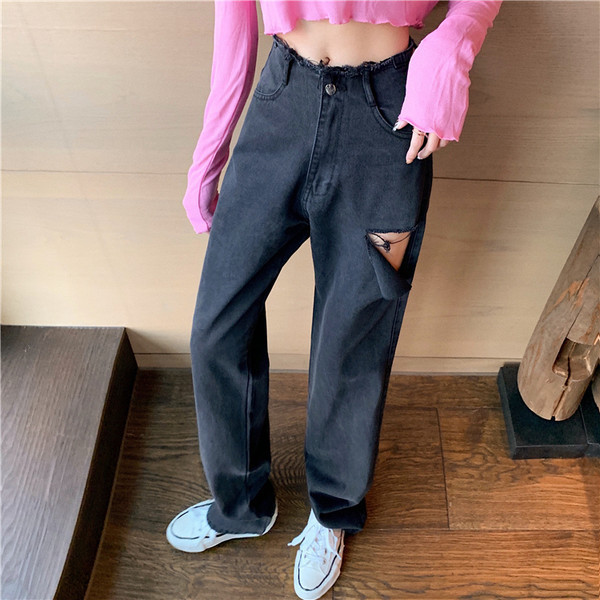 Blugi de damă cu motiv rupt și talie înaltă în negru