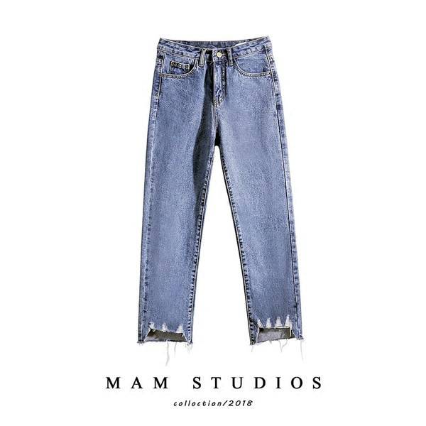 Blugi de dama model drept cu talie inalta si efect rupt