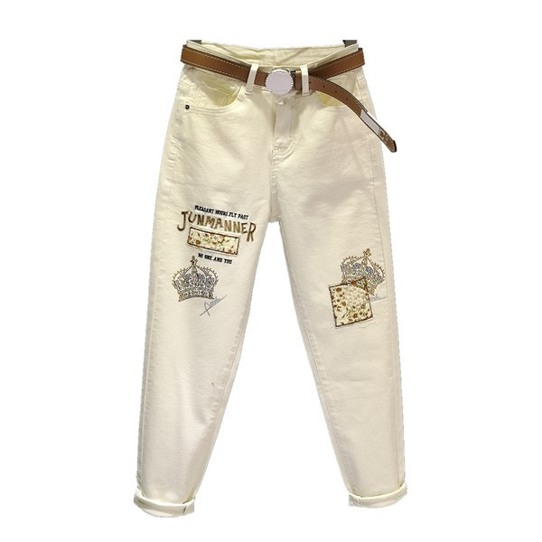 Blugi noi de dama cu broderie si talie inalta - model larg