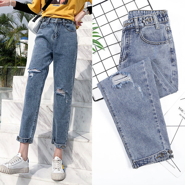 Sieviešu saplēsti džinsi ar metāla elementu