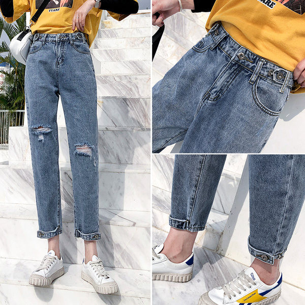 Sieviešu saplēsti džinsi ar metāla elementu