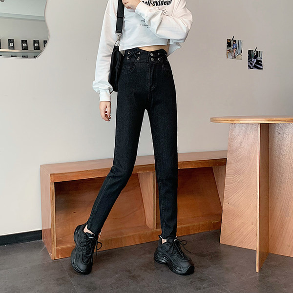 Pašreizējie džinsi ar augstu vidukli un pogām-Slim modelis