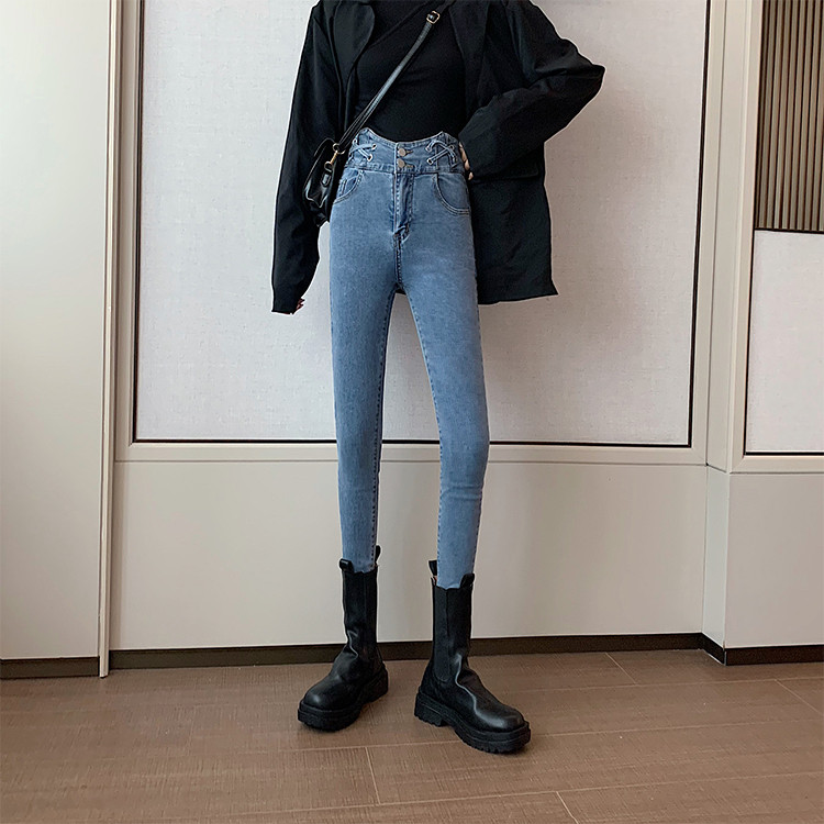 Pašreizējie džinsi ar augstu vidukli un pogām-Slim modelis