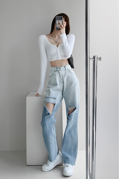 Model nou de blugi de dama cu talie inalta si motive rupte