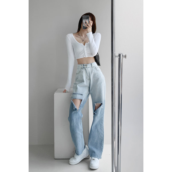 Model nou de blugi de dama cu talie inalta si motive rupte