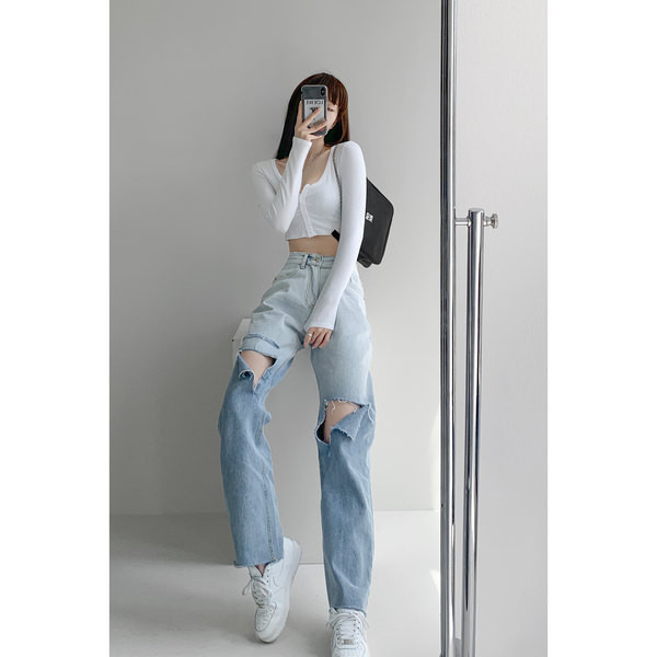 Model nou de blugi de dama cu talie inalta si motive rupte