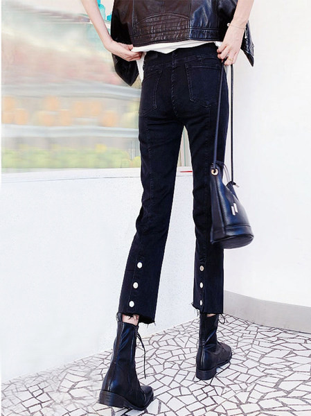 Blugi de dama cu nasturi si talie inalta - in culoarea neagra