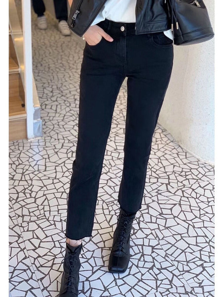 Blugi de dama cu nasturi si talie inalta - in culoarea neagra