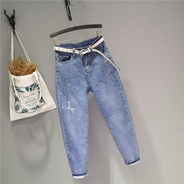 Blugi casual dama cu broderie si talie inalta - culoare albastra