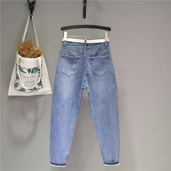 Blugi casual dama cu broderie si talie inalta - culoare albastra