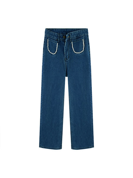 Γυναικεία τζιν με πέρλες διακόσμηση και ψηλή μέση