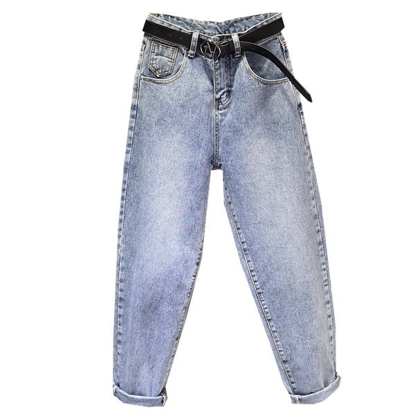 Mūsdienīgi sieviešu džinsi ar augstu vidukli - zilā krāsā