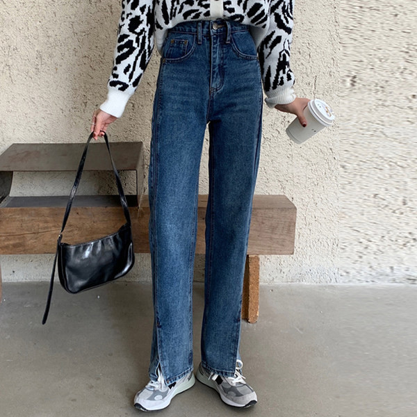 Sieviešu džinsi ar augstu vidukli un šķēlumiem