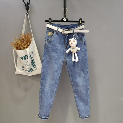 Ikdienas sieviešu džinsi ar augstu vidukli un kabatām - zilā krāsā