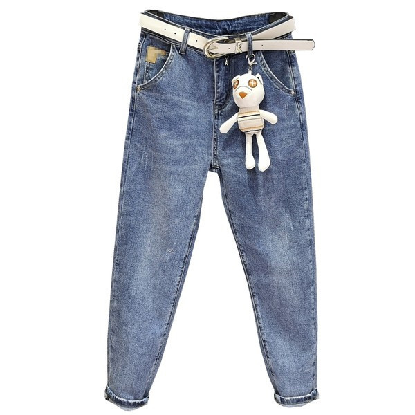 Ikdienas sieviešu džinsi ar augstu vidukli un kabatām - zilā krāsā