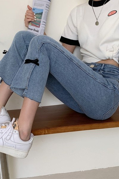 Sieviešu ikdienas džinsi ar lentēm un augstu vidukli