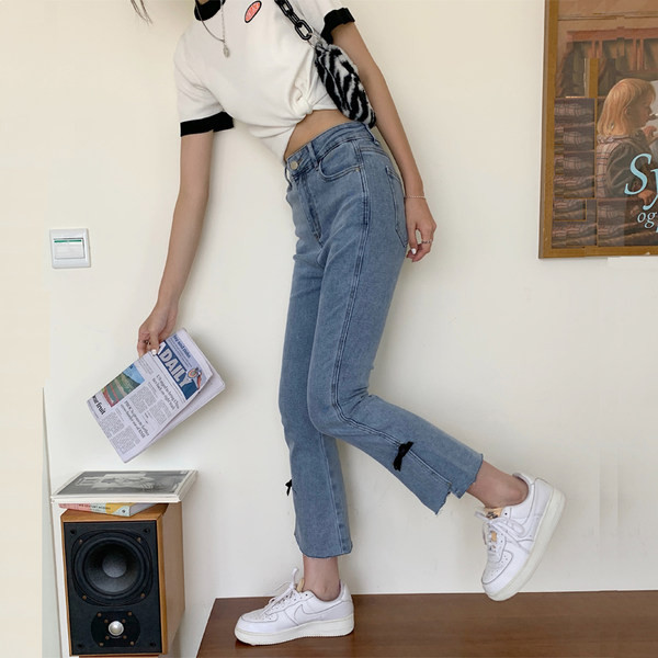 Sieviešu ikdienas džinsi ar lentēm un augstu vidukli