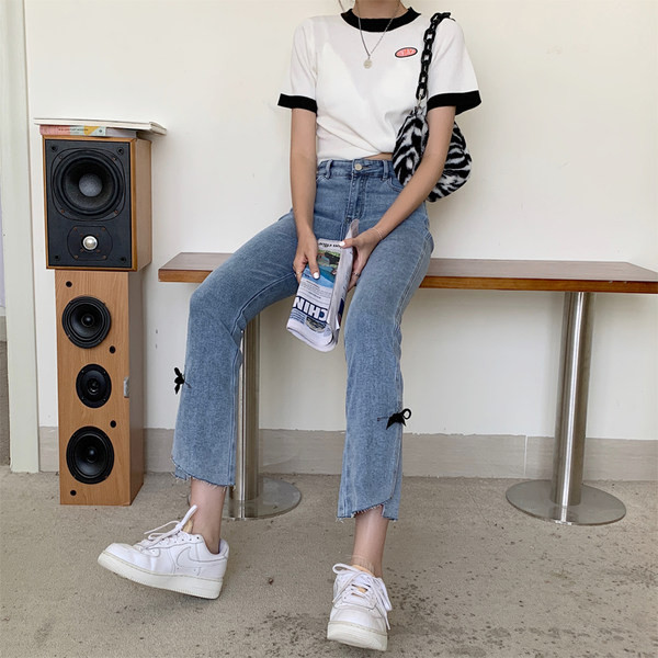 Sieviešu ikdienas džinsi ar lentēm un augstu vidukli