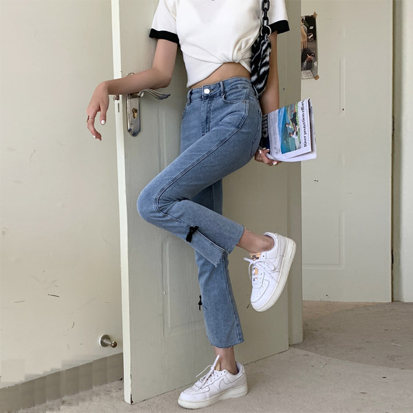 Sieviešu ikdienas džinsi ar lentēm un augstu vidukli