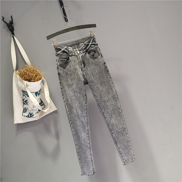 Blugi de dama cu talie inalta Model Slim de culoare gri