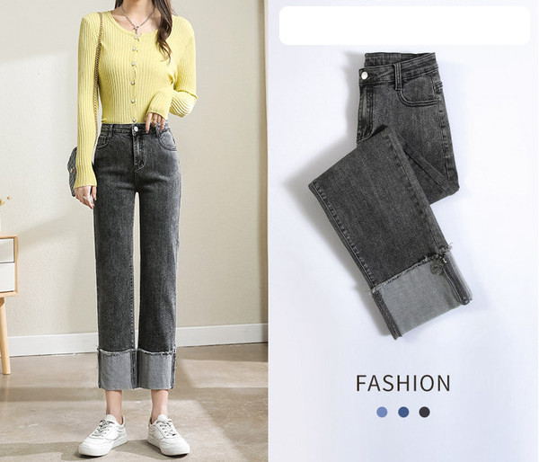 Blugi de dama cu talie inalta si fermoar pe picior