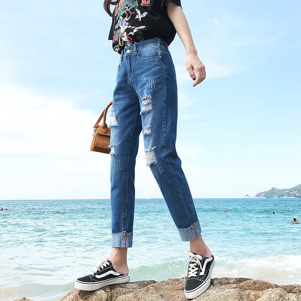 Γυναικεία τζιν με ψηλή μέση και σκισμένα μοτίβα σε διάφορα χρώματα