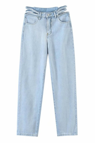 Vasaras sieviešu džinsi ar izgrieztiem vidukļa motīviem